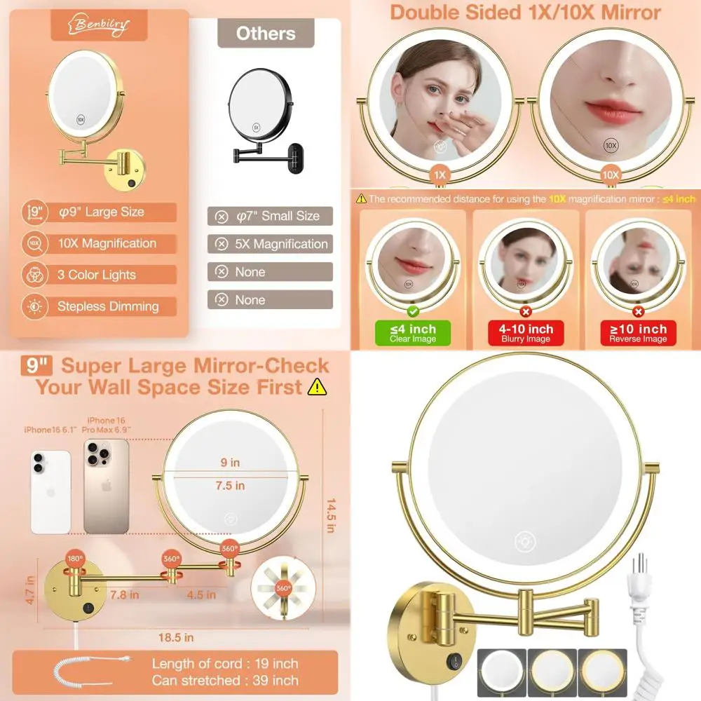 

9 Wall-Mounted LED Lighted Makeup Mirror, 1X/10X Magnification, 2-Sided, AC Powered, 3 Color Lighting, Touch Dimmable, Extendabl