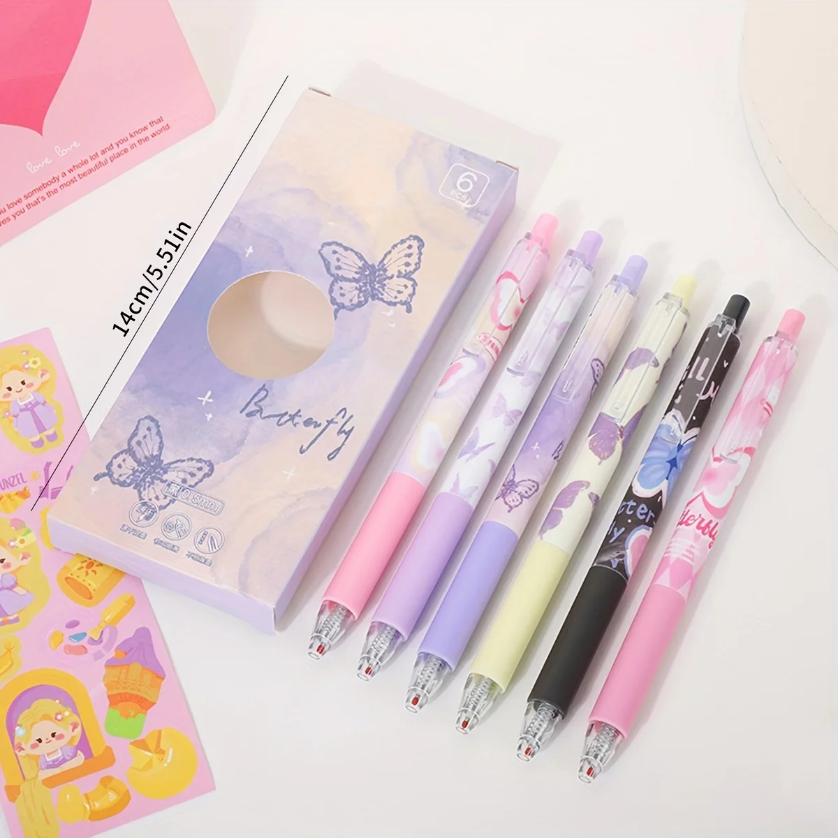 6pcs Cute Butterfly Gel Pens Aesthetic Stationary Pens ，Kawaii pen stationery，0.5 Mm Quick-drying Black Ink Pens Fine Point