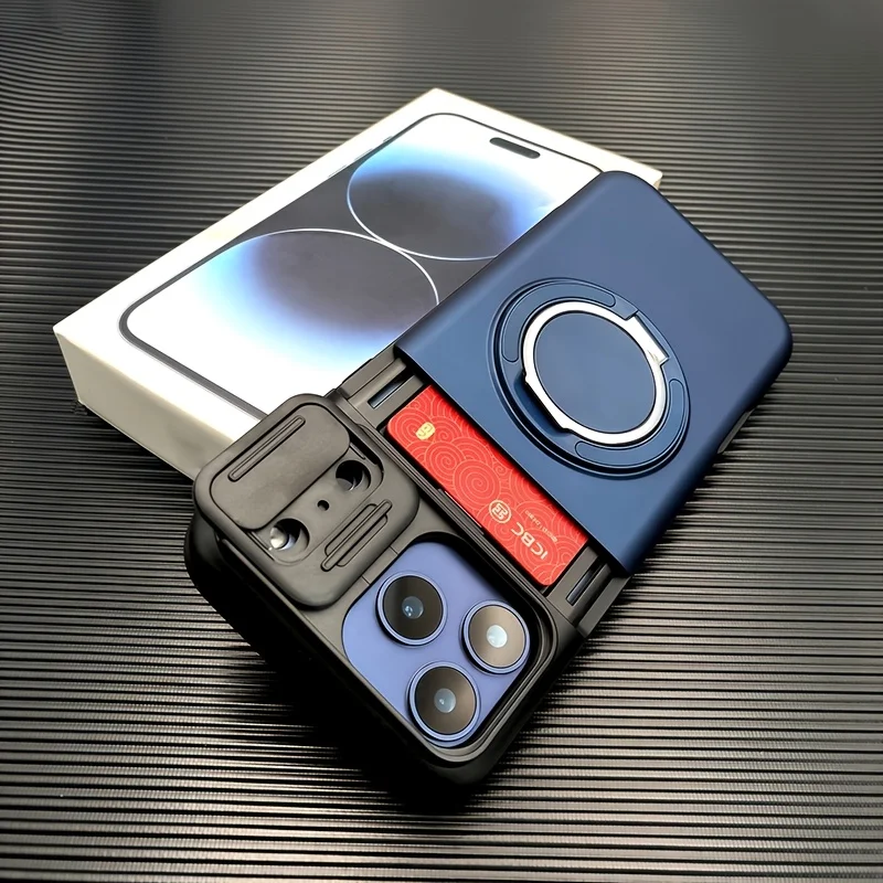 Luxury Armored Sliding Lens Cover Phone Case  for Iphone 17 16 15 14 13Pro Max 360° Rotating Bracket Insert Card Package Design view 3