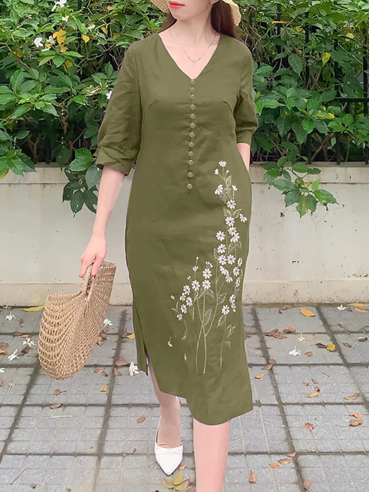 ZANZEA Damenmode, 3/4-Ärmel, Blumenmuster, Kleid, 2025, Herbstkleider, elegant, V-Ausschnitt, Vestidos, lässig, OL, Arbeit, Midi-Sommerkleid