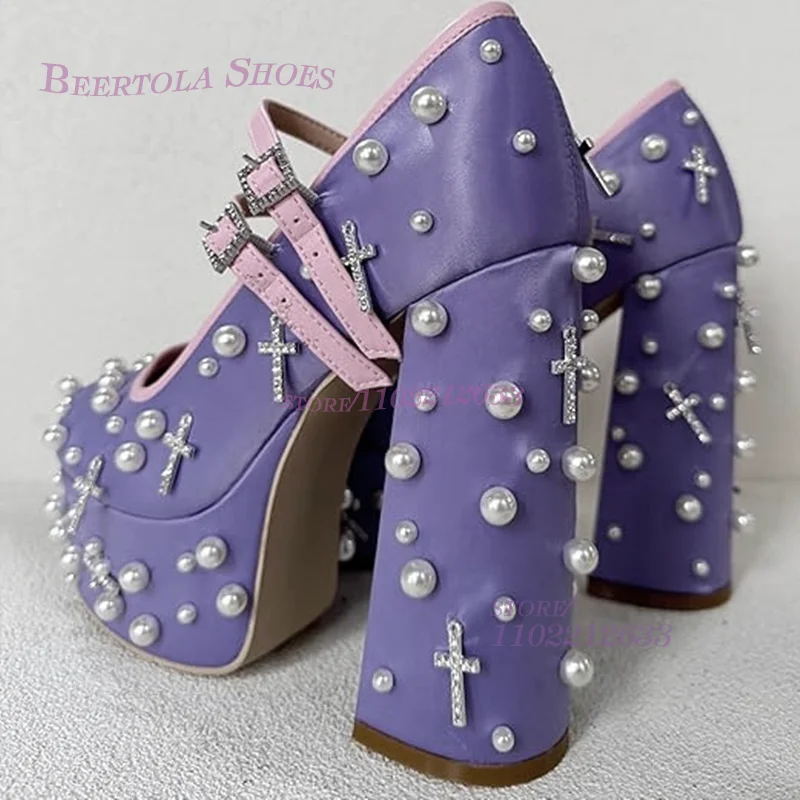 Purple Water Platform Pearl Embroidery Platform Heels Girls Round Head Chunky Sandals Buckle Crystal Women Dress Party Cute Shoe