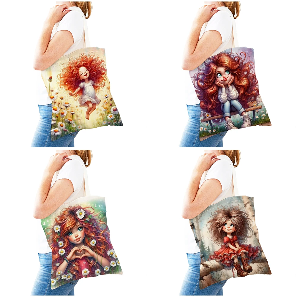 Casual Lovely Child Shopping Bags Cute Cartoon Girl Double Print Reusable Canvas Shopper Bag Fairy Tale World Lady Handbag Tote