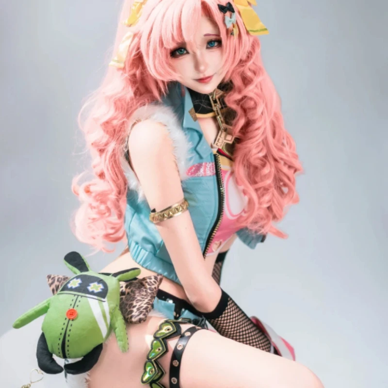 ZZZ Nicole Cunning Sweetheart Cosplay Gyaru Pink Crop Top Mini Skirt Harness Fishnet Arm Sleeves Streetwear Set Halloween