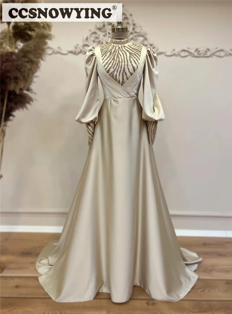 

Satin Beaded Long Sleeve Evening Dresses High Neck Muslim Hijab Prom Formal Party Dress Arabic Dubai Caftan Robe De Soiree