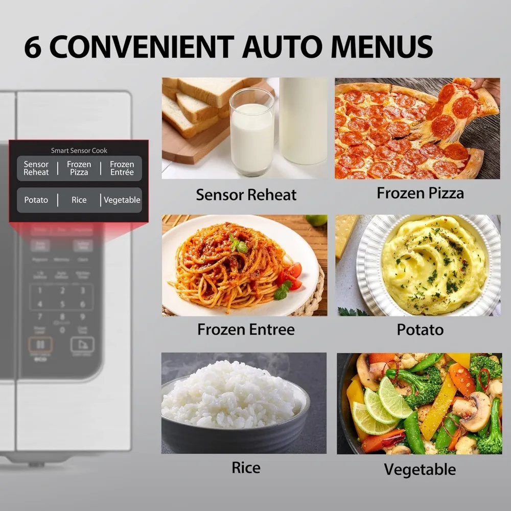 Micro-ondes op avec capteur intelligent, 6 menus, dégivrage automatique, mode 35%, option muette, position 16.5"