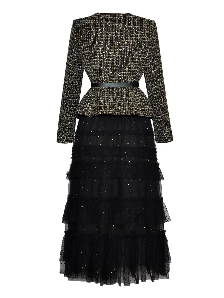 DSXDFACAIRIJ Women's Plaid Jacket And Mesh Ruffle Skirt Two Piece Set O-Neck Long Sleeve Sashes Elastic Waist Office Lady Outfit