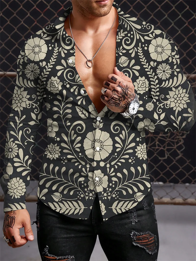 Retro men's trendy shirt ethnic style printed long sleeved top men's fashionable and personalized clothing autumn men's clothing