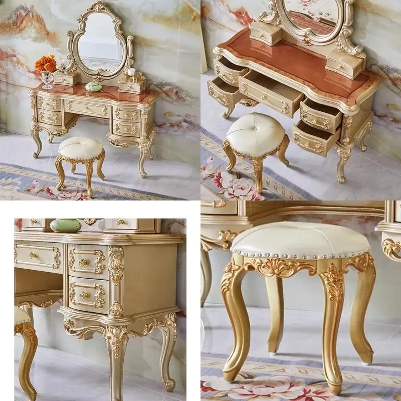 Solid Wood Carved Flower Princess Style Dresser Champagne Gold Vanity Cabinet for French Villa Bedroom European American