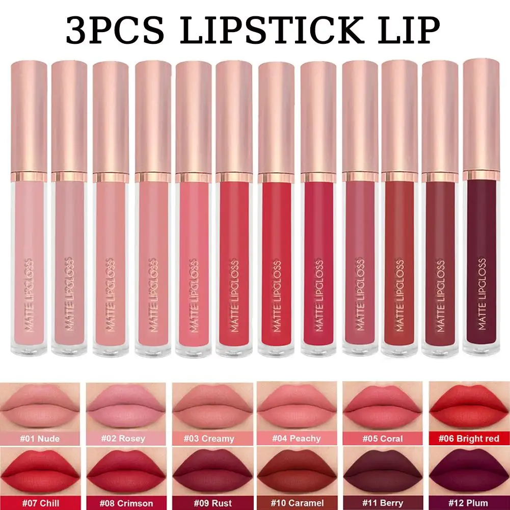 3 unids/set brillo de labios desnudo terciopelo de larga duración lápiz labial líquido hidratante sin secado mujeres tinte de labios húmedo maquillaje de labios regordetes