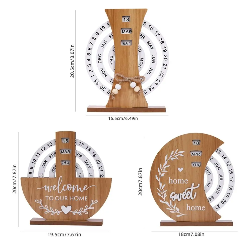 Calendário perpétuo de madeira estético reutilizável roda gigante manual rotativo calendário de mesa decoração para casa lua