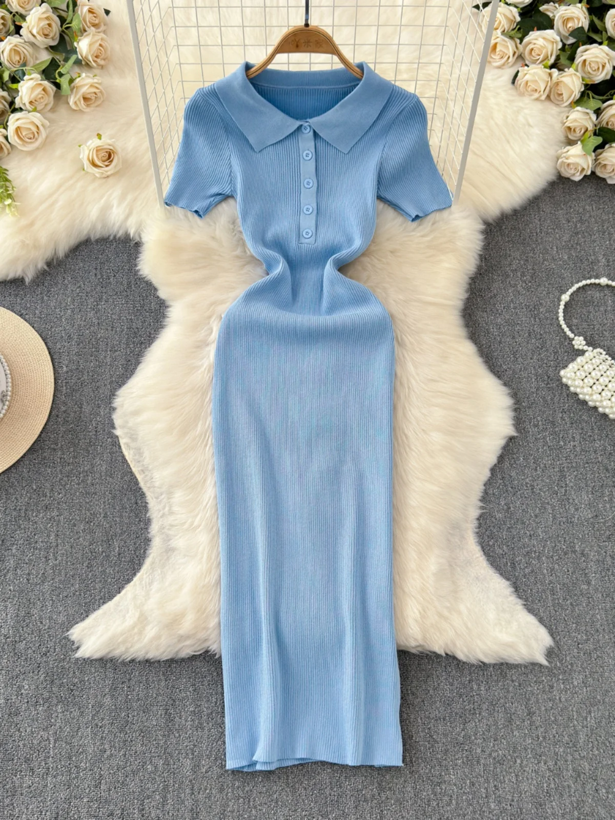 

Foamlina 2024 Summer Vintage Knitted Dress for Women New Fashion Solid Polo Collar Short Sleeve Buttons Slim Bodycon Long Dress