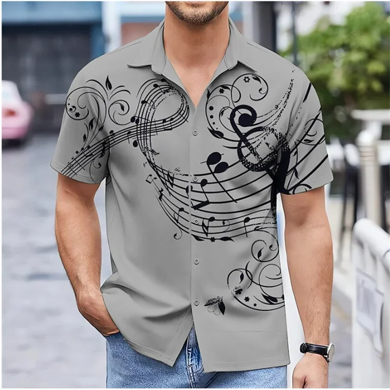 Men\'s music printed Hawaiian shirt, casual oversized street short sleeved shirt, comfortable and soft, various colors of summer