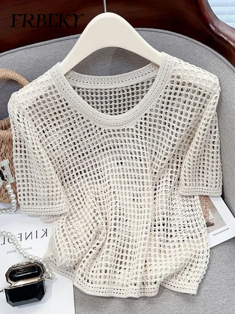 Streetwear Jumper Summer Hollow Thin Short Sleeve Loose Round Neck Knitwear Outerwears Oversized Sweater Women Korean Fashion