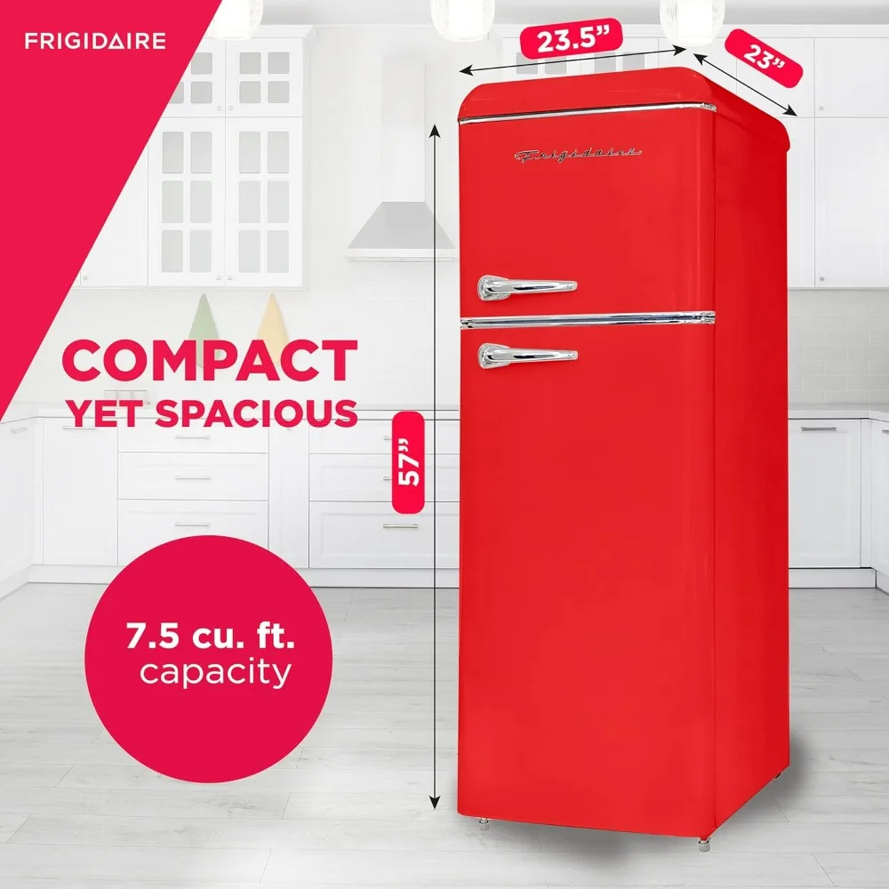 Door Apartment Size Retro Refrigerator with Top Freezer, Chrome Handles, 7.5 cu ft, red