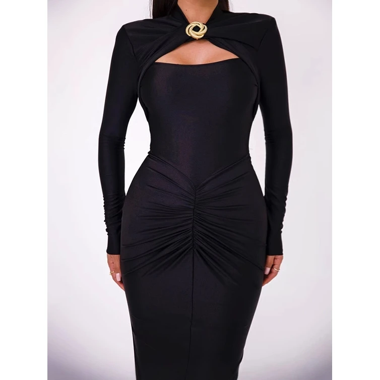 Sexy Schlank Lange Sve aushöhlen Dr Reine Farbe Abendkleid für Frauen Hohe Taille Polyester Stoff Herbst Neue Sle