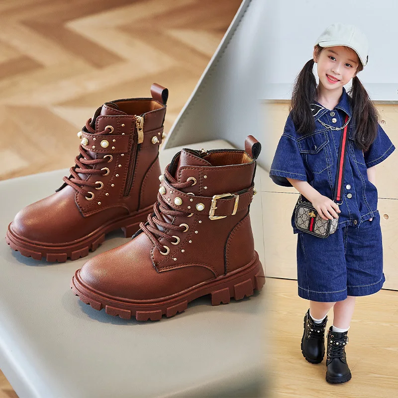 Spring Autumn Kids Leather Boots for Girl High Top Casual Shoes Fashion Buckle Children Princess Short Ankle Platform Boots