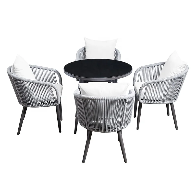 Deluxe Rope Chair Dining Table Terrace Glass Round Table Outdoor Balcony Furniture Modern Small Dining Table Set 4 Chairs