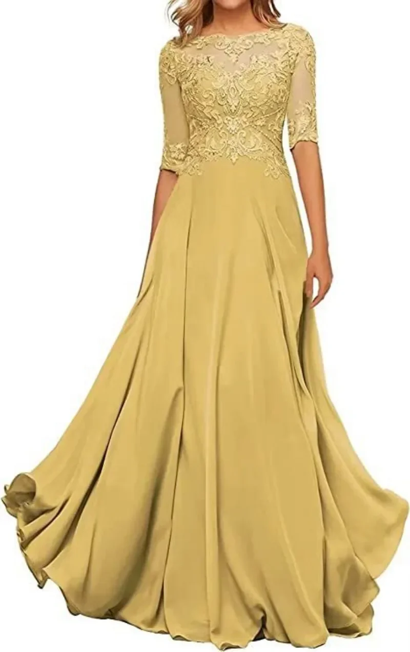 Customized A-line Elegant Chiffon O-neck Formal Lace Evening Dress Half Sleeve Prom Party Dresses Hook Flower Cooktail Dress Ban