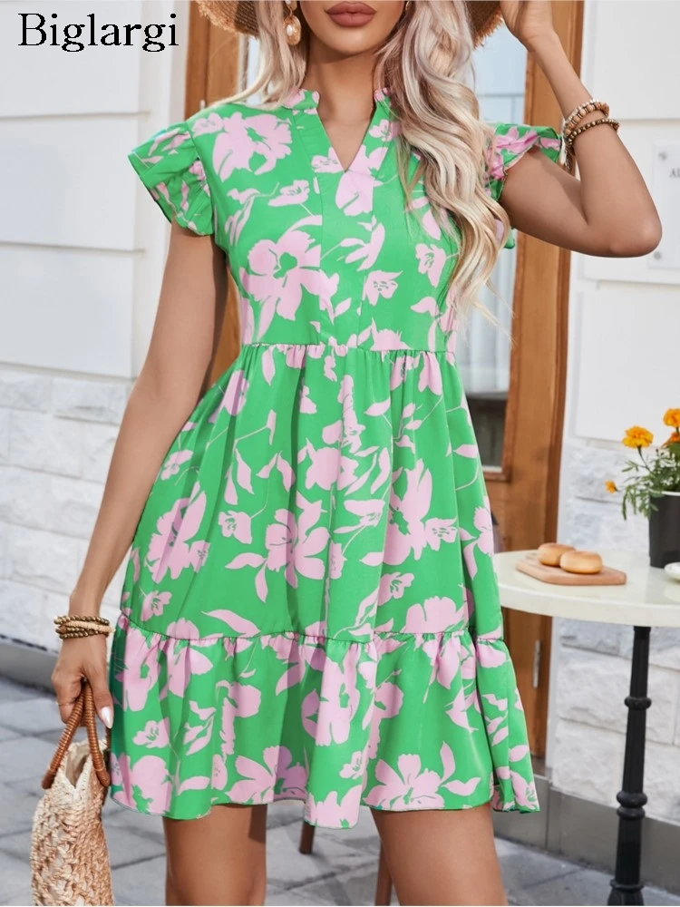 

Summer Sleeveless V-Neck Dress Women Floral Print Fashion Ruffle Pleated Ladies Dresses Loose Casual Woman Mini Dress