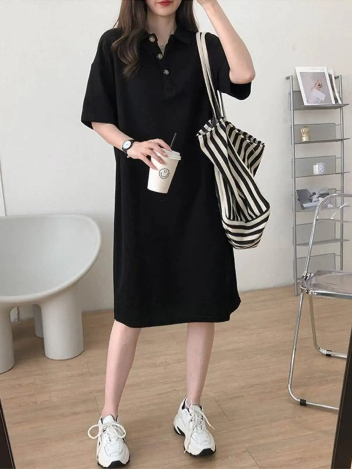 T-shirt Ne grande taille Dr femmes été minceur a-ligne Dr coréen Sle taille haute fibre de polyester ort Sve mi...