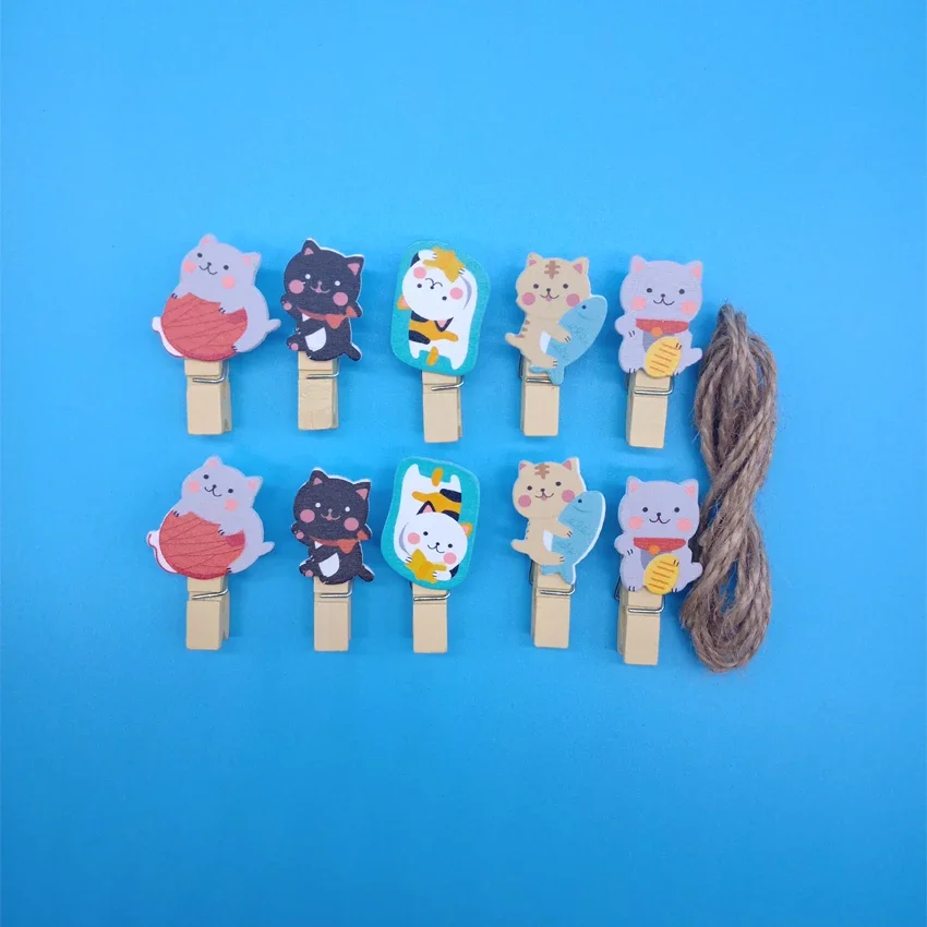 10pcs/lot Decoration Clips Wooden Hemp Rope Clips Mini Wood Clips Lovely Lucky Cat Paper Photo Clip Craft With