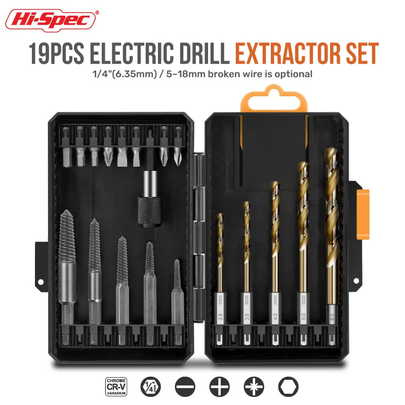 Hi-Spec Efficient Screw Extractor and Left Hand Drill Bit Set - Cobalt HSS, Alloy Extractors