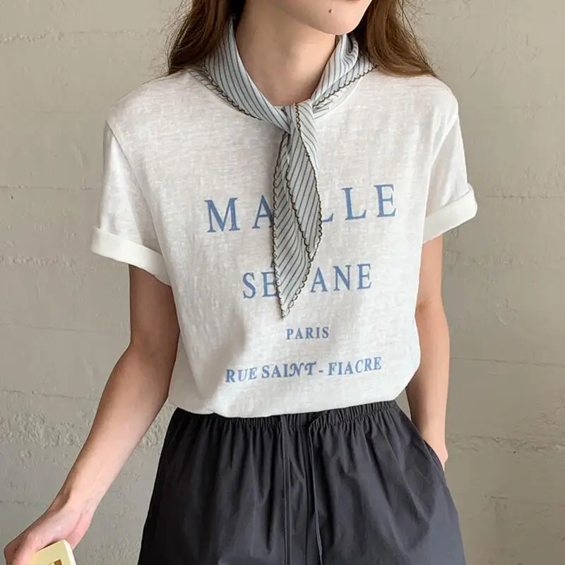 

Korean Style Casual Versatile Short Sleeved T-Shirt for Women Fashionable and Simple Pure Cotton Letter Short Sleeved T-Shirt