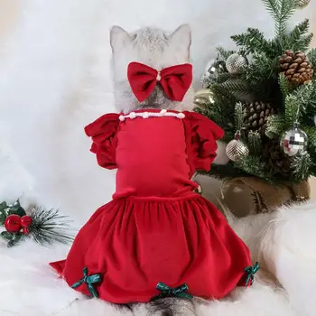 1 Set Pet Dress Christmas Dog Costume Elegant Red Skirt With Bow Headdress Cat Princess Dress Pet Supplies 2