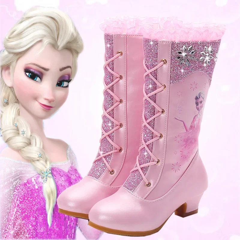 Disney girls boots autumn new high-tube all-match plus velvet elsa children\'s high-heeled princess boots frozen