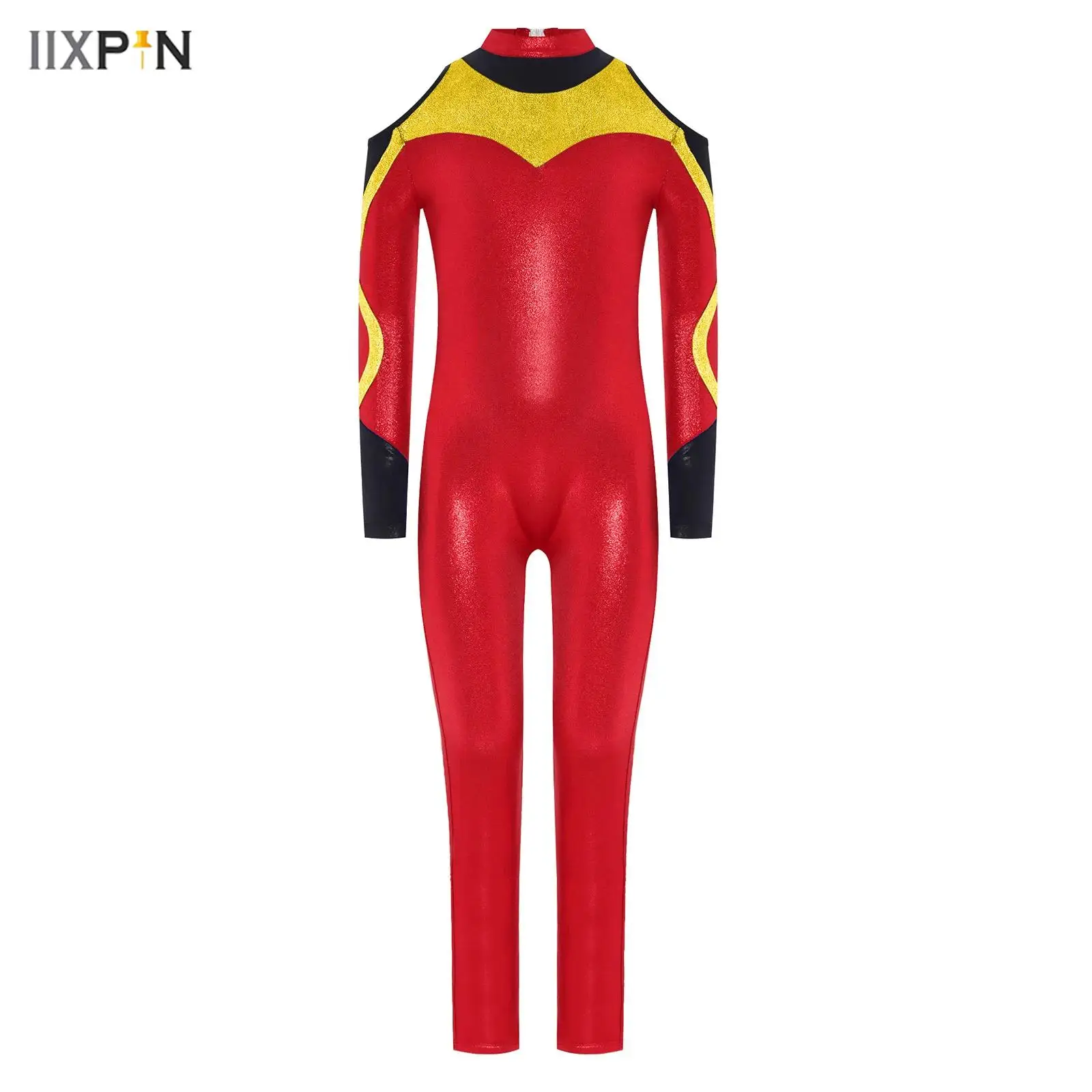 

Kids Girls Acrobatics Gymnastics Jumpsuit Long Sleeve Cold Shoulder Contrast Color Metallic Dance Bodysuit for Yoga Dance Sports