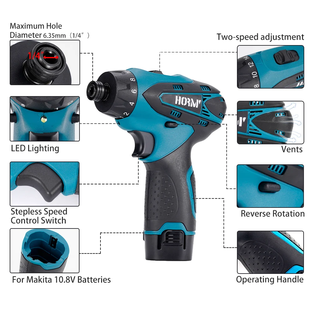 12V Cordless Electric Screwdriver 28N.m Dual Speed Electric Drill Driver 1/4\