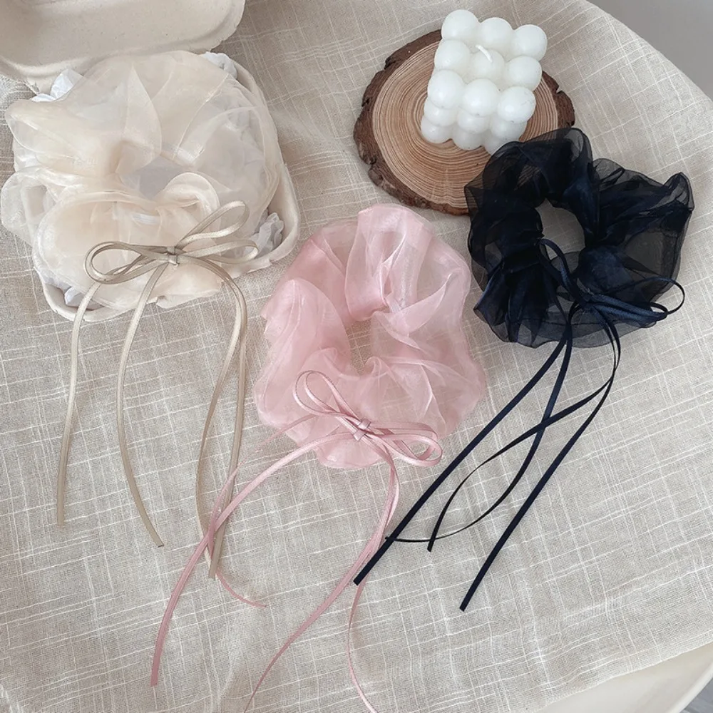 Kleurrijk Lang Lint Strik Scrunchies Ruche Ontwerp Organza Haar Cirkels Elastische Haarbanden