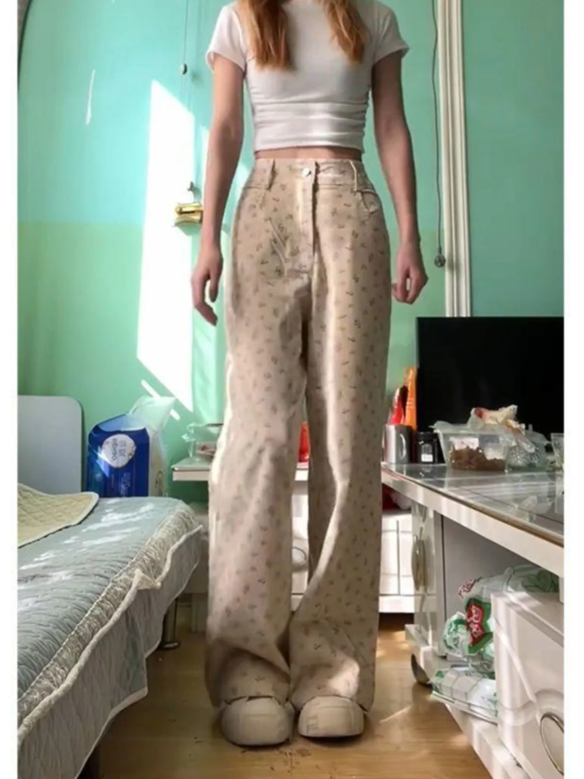 

Retro Floral Wide Leg Jeans Women's Small Size New Straight Loose Casual Long Trousers Trendy High Waist Denim Pants