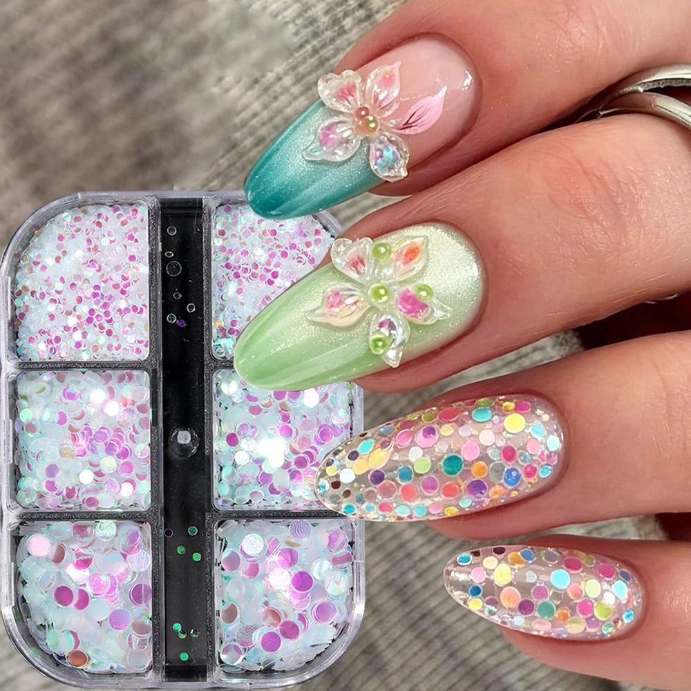Mini Lentejuelas Circulares para Uñas, Lentejuelas Brillantes 3D con Diseño de Puntos, Lentejuelas Redondas para Decoración de Uñas con Diseño de Flor de Hielo