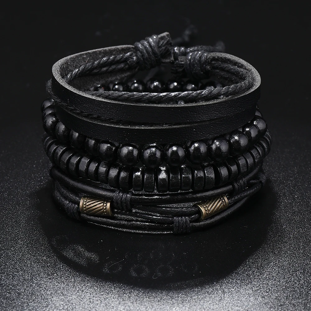 Bracciale Punk in pelle nera con perline per uomo