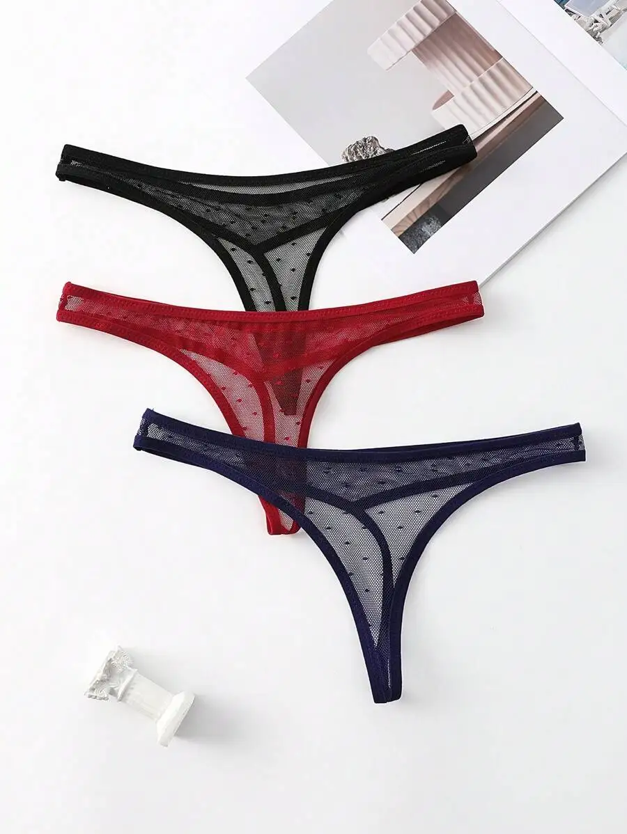 

3pcs Women Mesh Thong Underwear Set Sexy Sheer Crotchless Panties