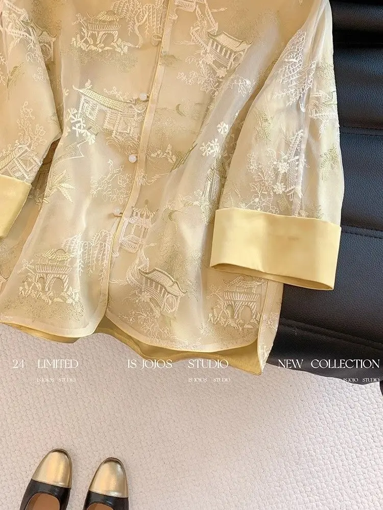 꽃 자수 쉬폰 블라우스 여성 느슨한 소매 빈티지 당나라 탑 중국 스타일 레트로 버클 탑