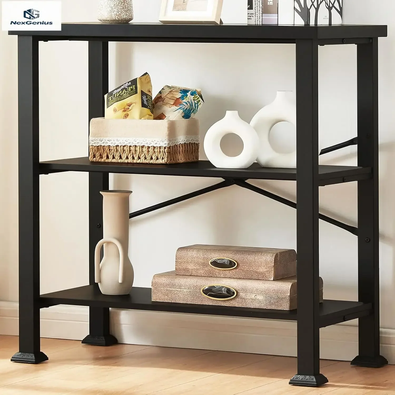 HOMBAZAAR 3 Tier Bookshelf,Black Industrial Book Shelf,Engineered Wood and Metal Small Bookcases,Low Shelf Bookcase for Living R