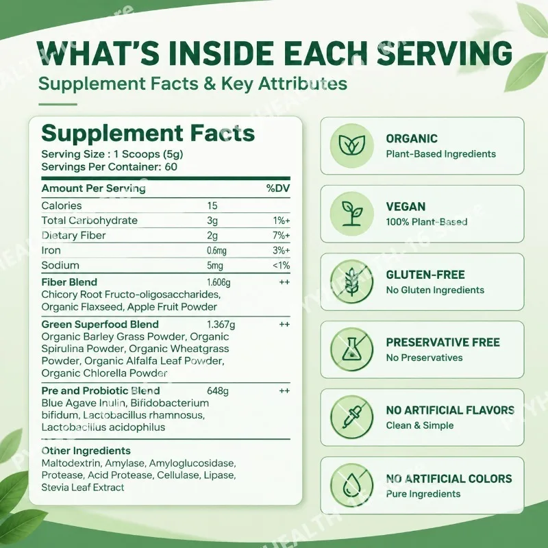 Super Greens Powder for Bloating & Digestive Comfort,Organic Spirulina Chlorella, Prebiotic Probiotic Enzymes,300g 60 Servings