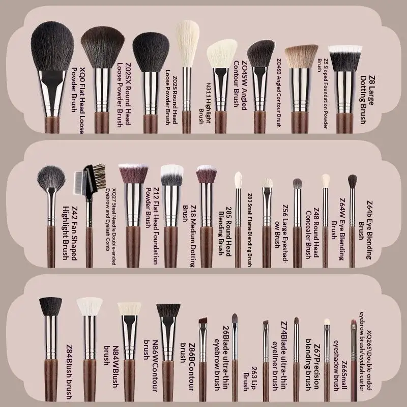 Pincéis de Maquiagem de Cerdas Naturais: Conjunto Completo de Pincéis para Lábios, Sombra, Base, Pó, Contorno e Esfumar - Ferramentas de Beleza Macias