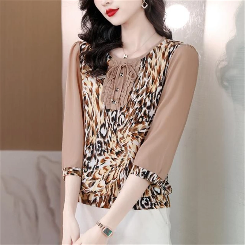 Women\'s Leopard Print Patchwork Elegant Blouse Summer Korean Fashion Ruffle Bow Half Sleeve Shirt Chic Loose Tops Female Blusas