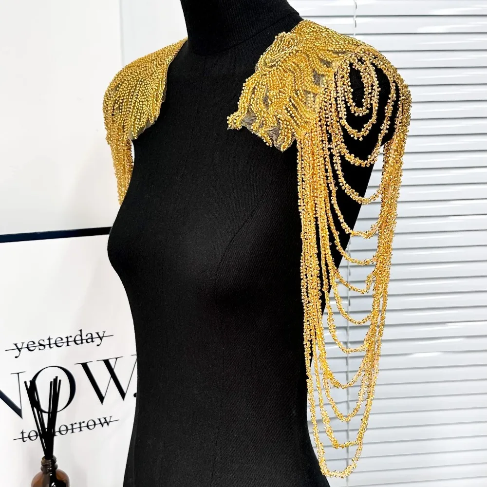 1PC Fringed Sequined Beaded Uniform Epaulets Shoulder Wrap Unisex Party Costume Epaulettes DIY Decoration Removable