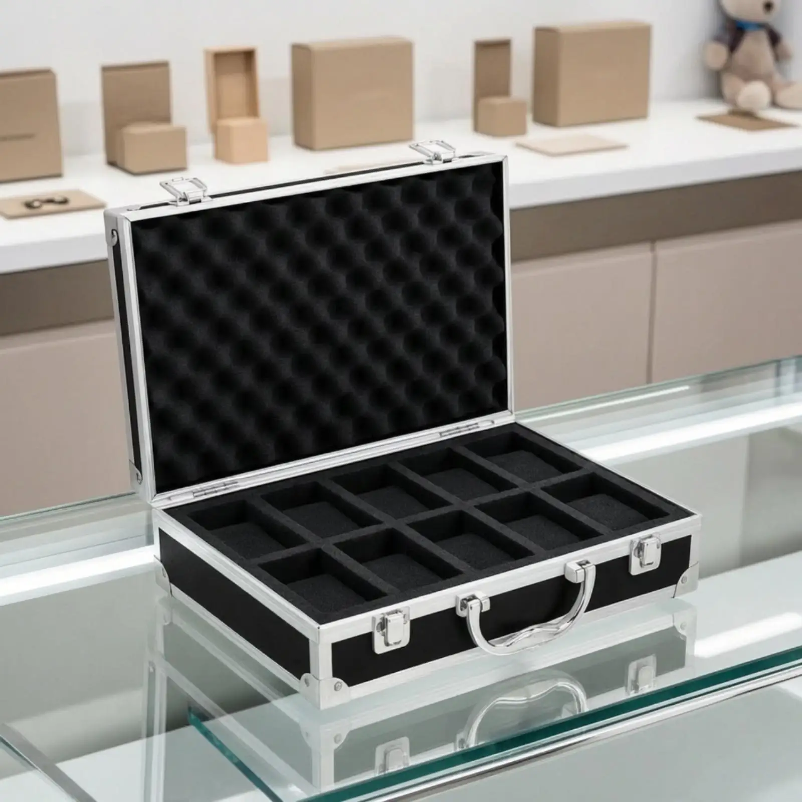 Watch Storage Box Aluminum Alloy Display Case with Foam Inserts and Handle for Safe Timepiece Organization