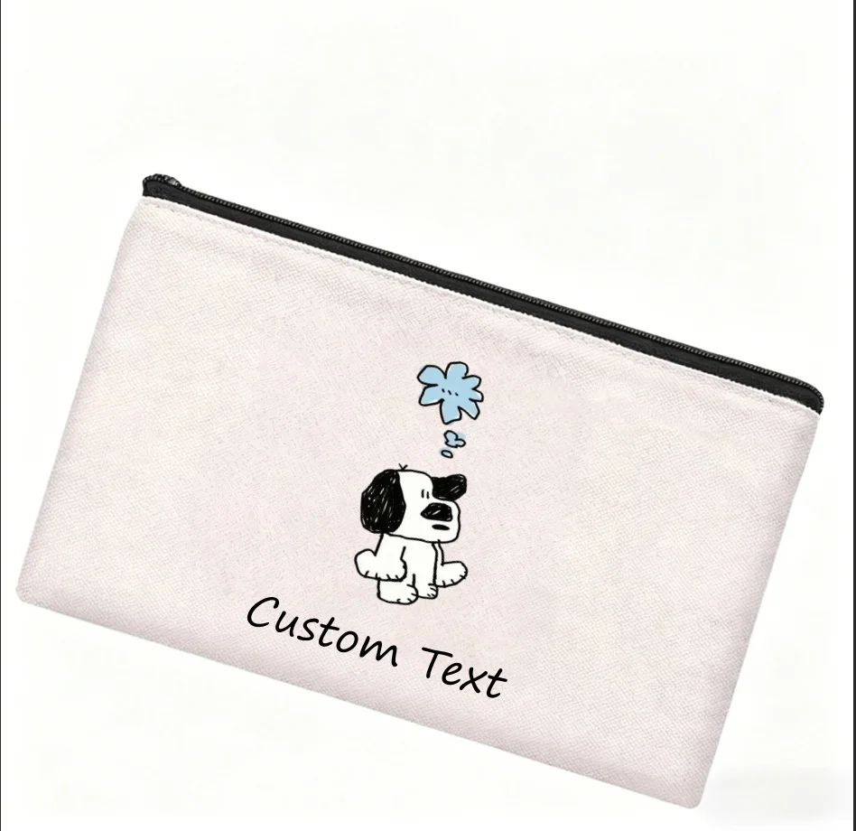 1PCustom Text Makeup Bag Cute Hand‑drawn Puppy Flower Print Cosmetic Pouch Personalized Zipper Travel Toiletry Storage Bag Gift