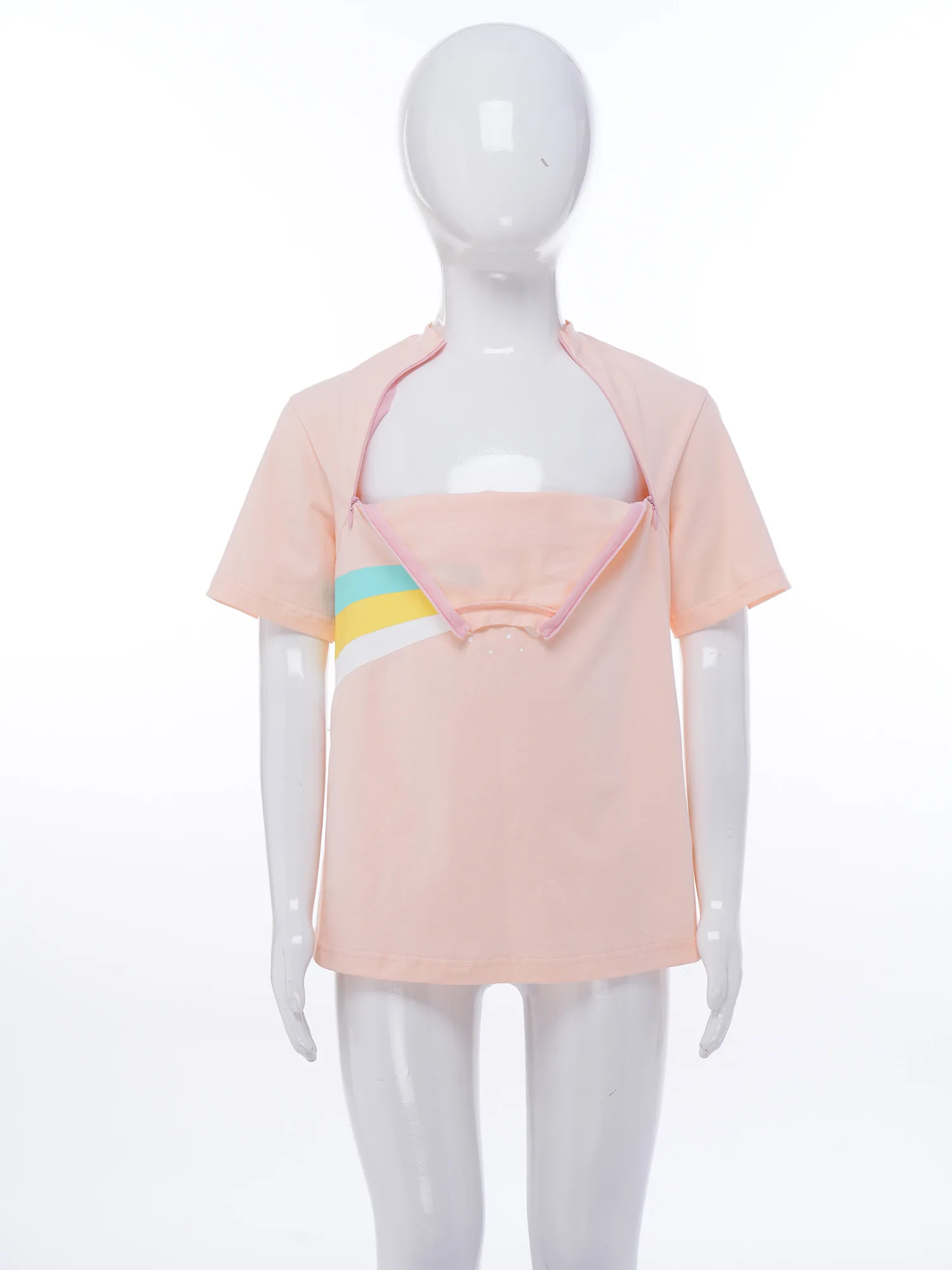 Kids Boys Girls Special Needs Adaptive Clothing Short Sleeve Rainbow Print Chest Port Access Chemo T-shirt Wearing All Day