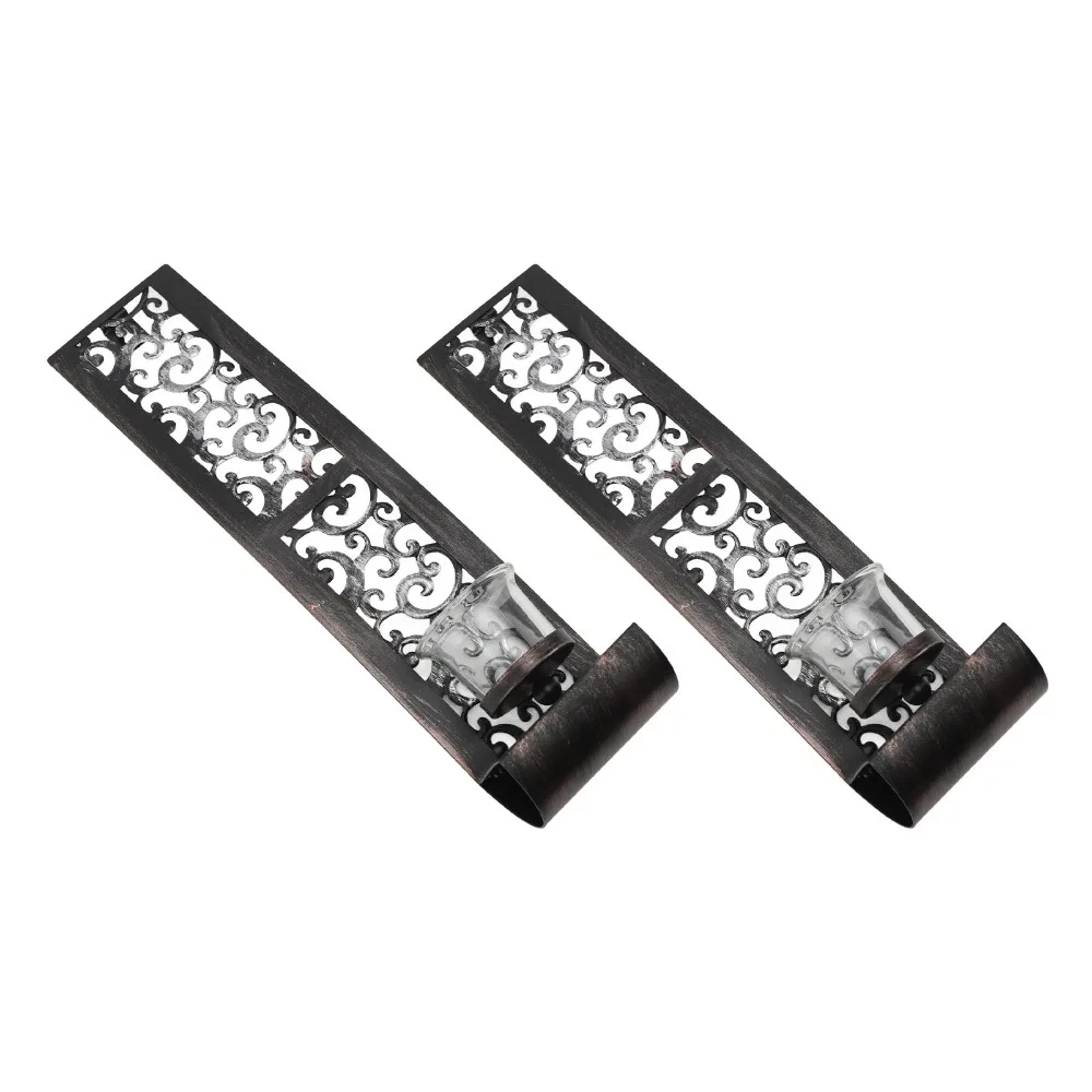 2pcs Antique Iron Wall Candle Holder Balck Hanging Design Wall Candle Sconce 14.2x2.8x3.5in Wall Candlestick for Bathroom