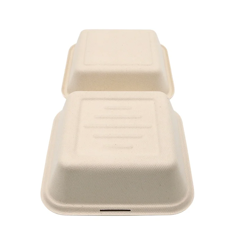 Caja de papel desechable Biodegradable para llevar, Bagasse de caña de azúcar, contenedor de alimentos, caja de hamburguesas, producto personalizado, 6x6, 8x8 pulgadas