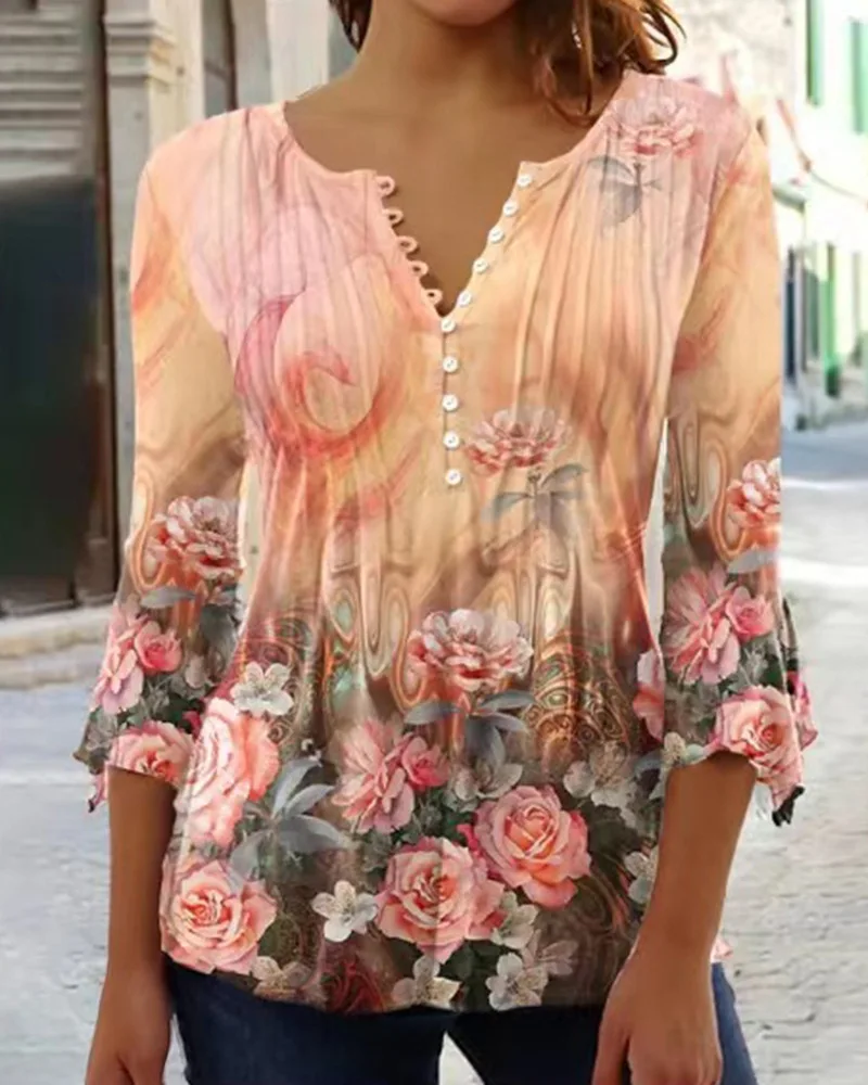 Women's Floral Print V-neck Short-sleeved Pleated Button-up T-shirt Bottoming Shirt 2025 Spring and Summer Fashion New Models