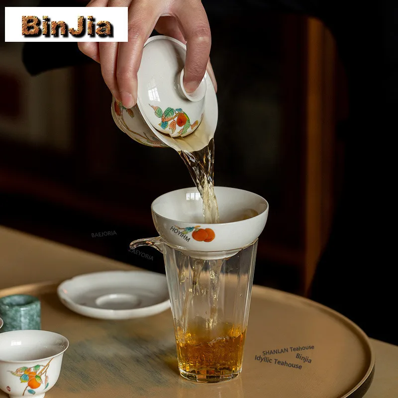 BAEJORIA 100ml Plant Ash Hand-painted Persimmon Gaiwan Elegant Tea Tureen Tea Bowl With Lid Kit Tea Brewing Cover Bowl For Tea