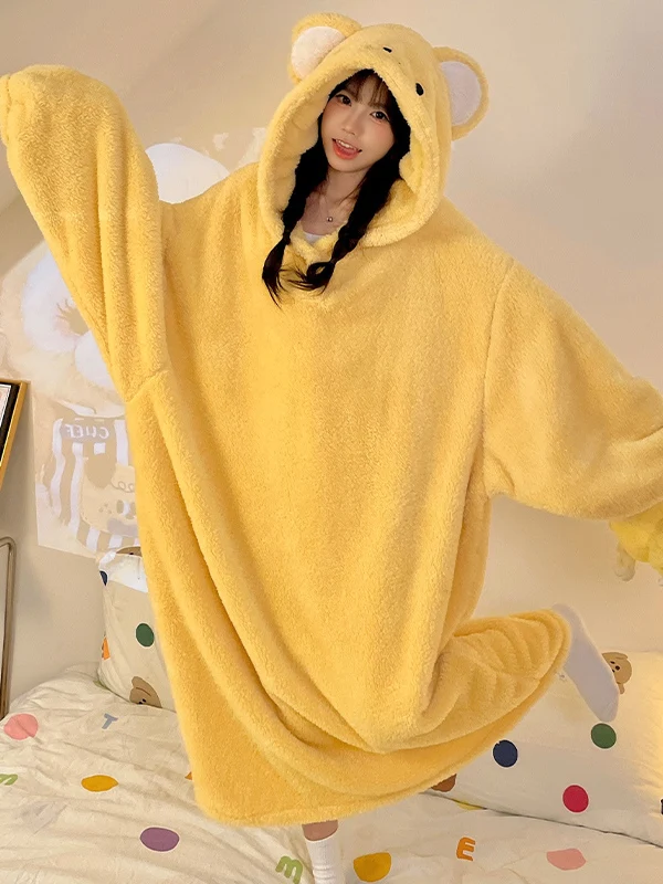 DAIMELU women's sleepwear suit winter female nightgown coral fleece bathrobe thermal fleece thickened flannel funny pajamas set
